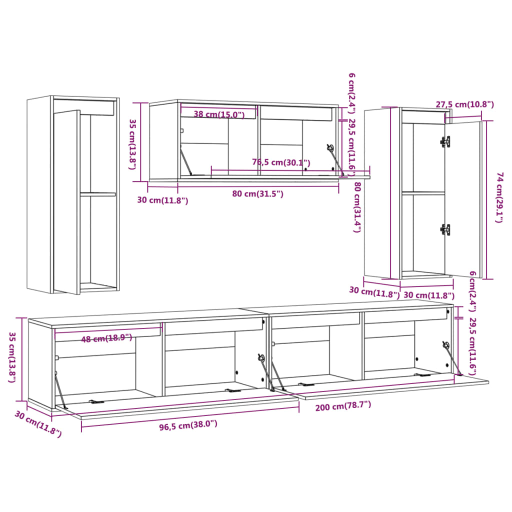 vidaXL TV Cabinets 5 pcs White Solid Wood Pine