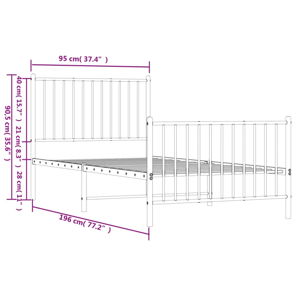 vidaXL Metal Bed Frame without Mattress with Footboard White 90x190 cm Single