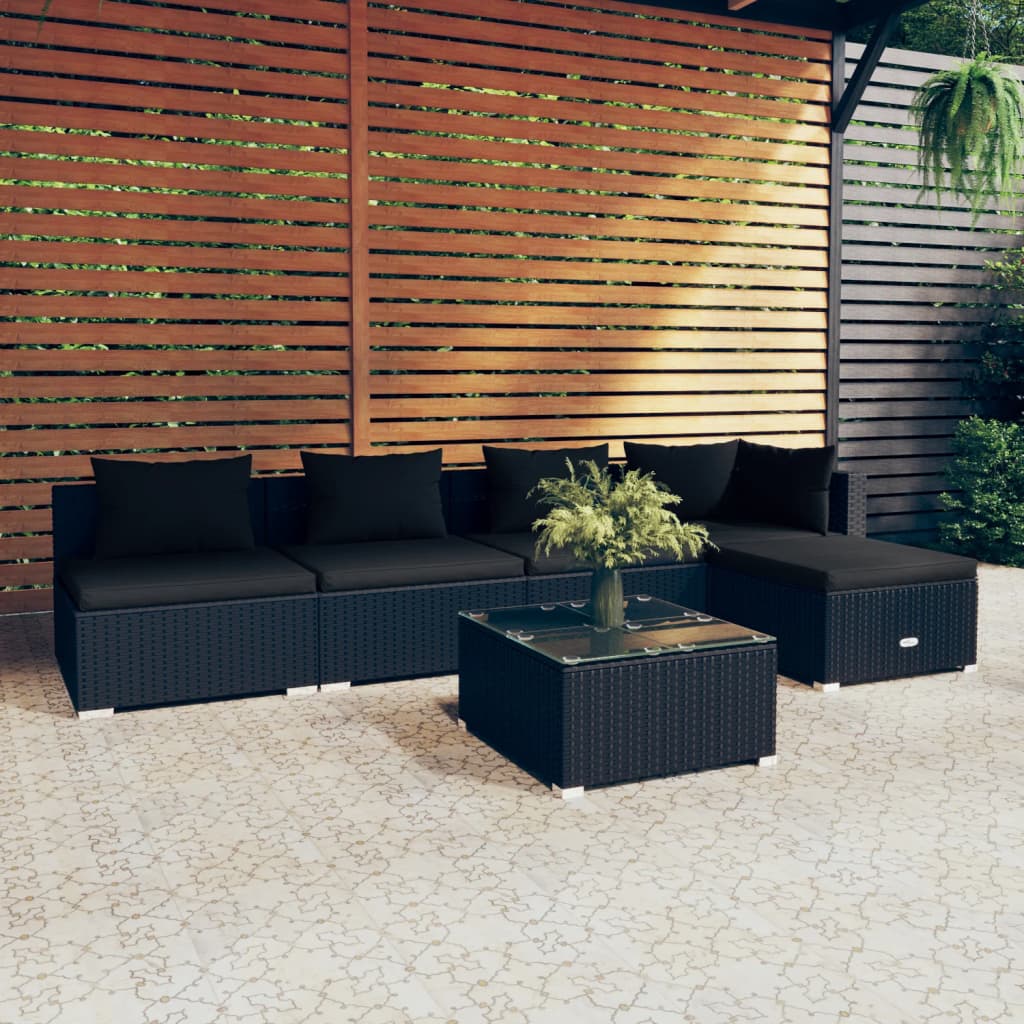 vidaXL 6 Piece Garden Lounge Set with Cushions Poly Rattan Black