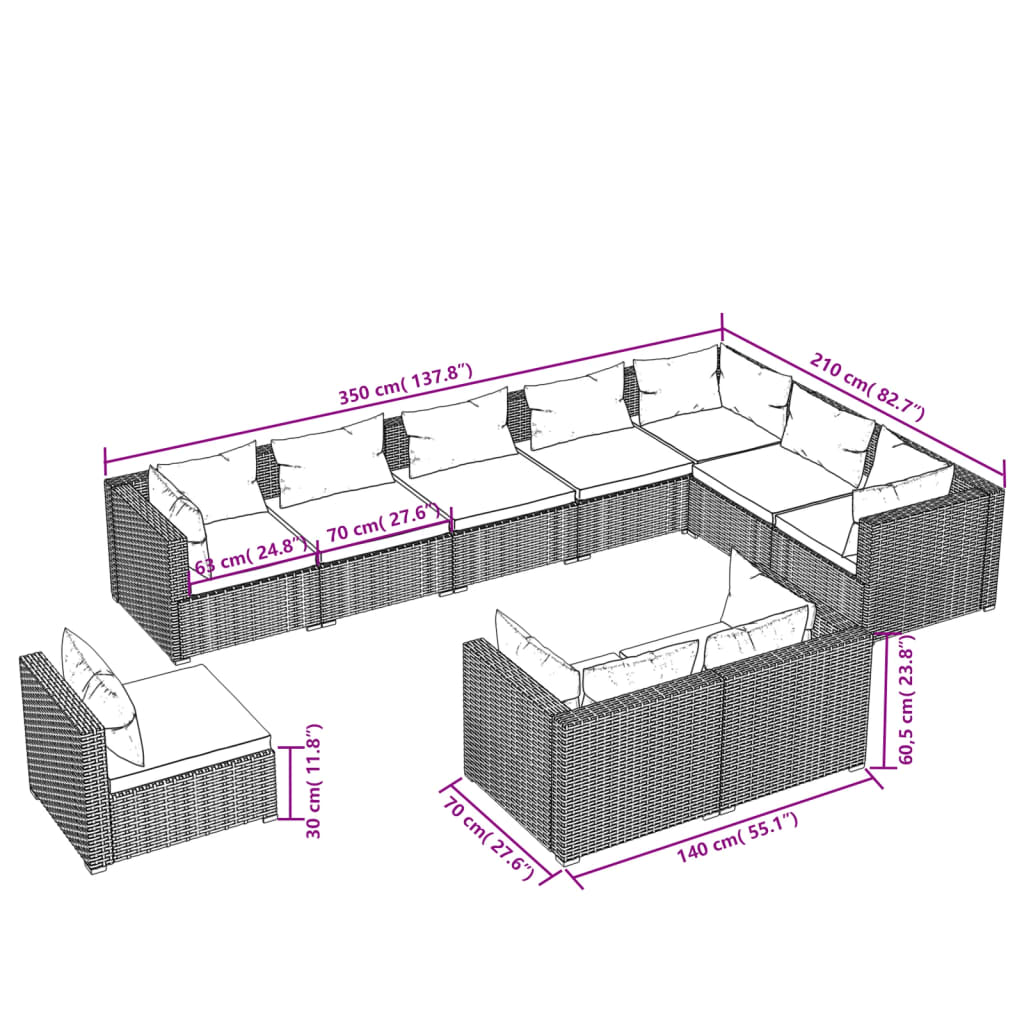 vidaXL 10 Piece Garden Lounge Set with Cushions Poly Rattan Brown