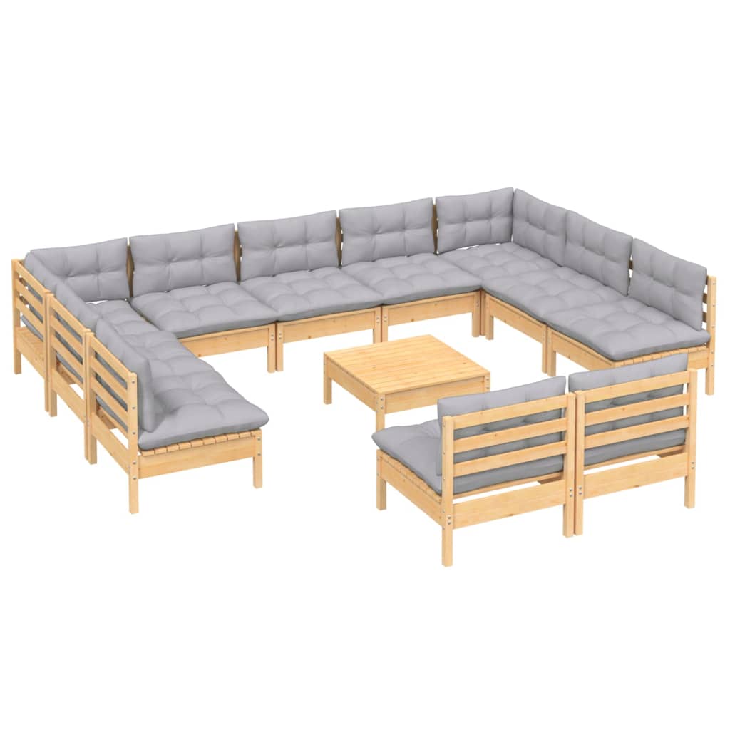 vidaXL 12 Piece Garden Lounge Set with Grey Cushions Solid Pinewood