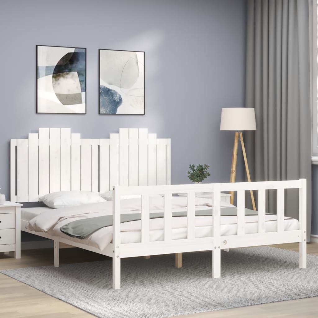 vidaXL Bed Frame with Headboard White King Size Solid Wood