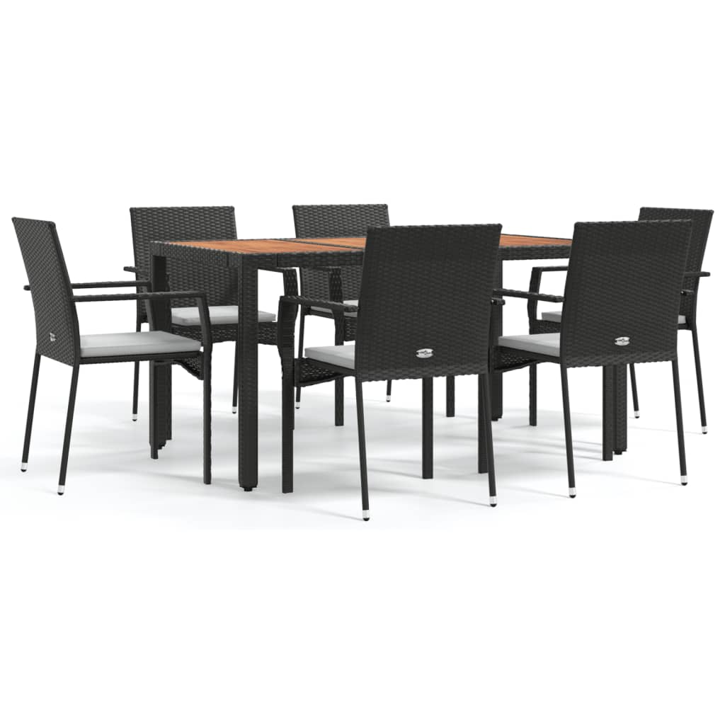 vidaXL 7 Piece Garden Dining Set with Cushions Black Poly Rattan