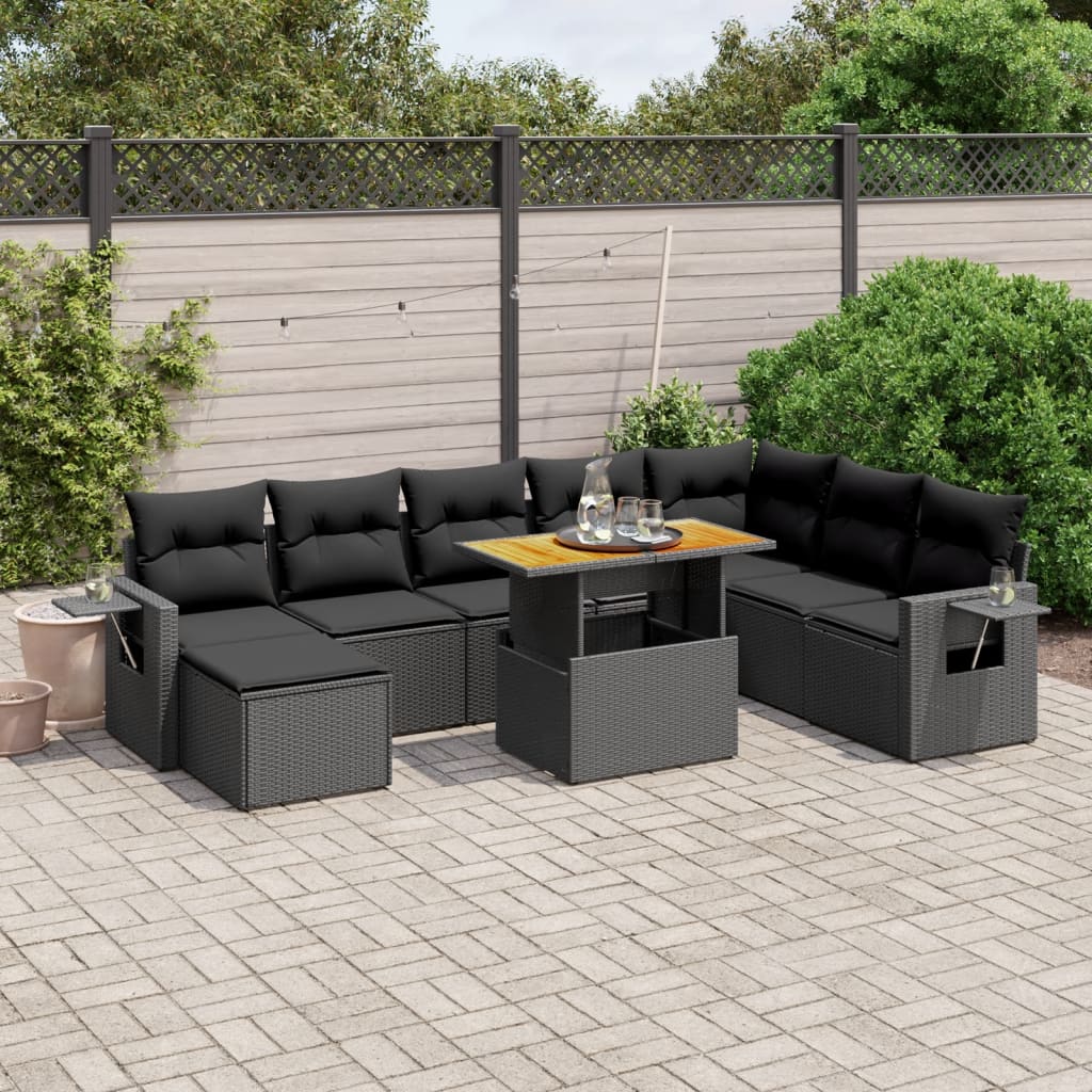 vidaXL 9 Piece Garden Sofa Set with Cushions Black Poly Rattan