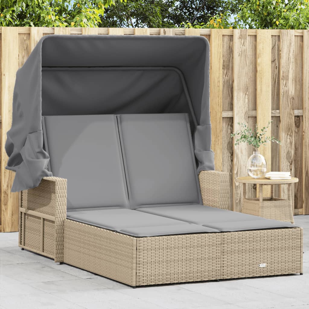 vidaXL Double Sun Lounger with Canopy and Cushions Mix Beige Poly Rattan