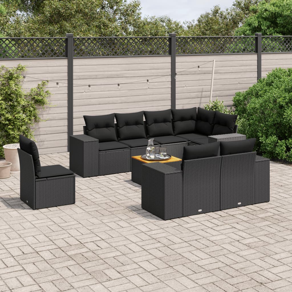 vidaXL 9 Piece Garden Sofa Set with Cushions Black Poly Rattan