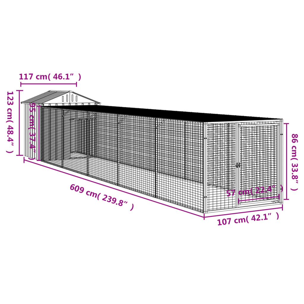 vidaXL Chicken Cage with Run Light Grey 117x609x123 cm Galvanised Steel