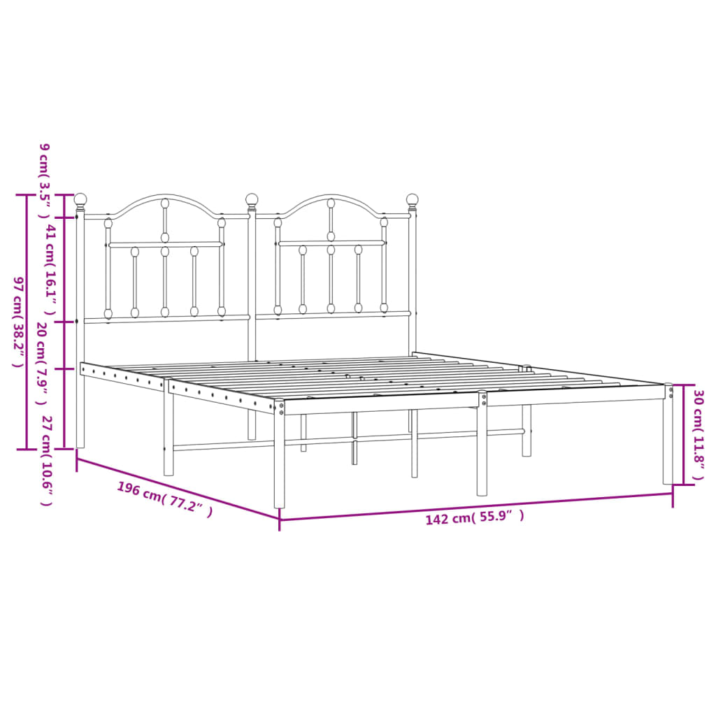 vidaXL Metal Bed Frame without Mattress with Headboard White 135x190 cm Double