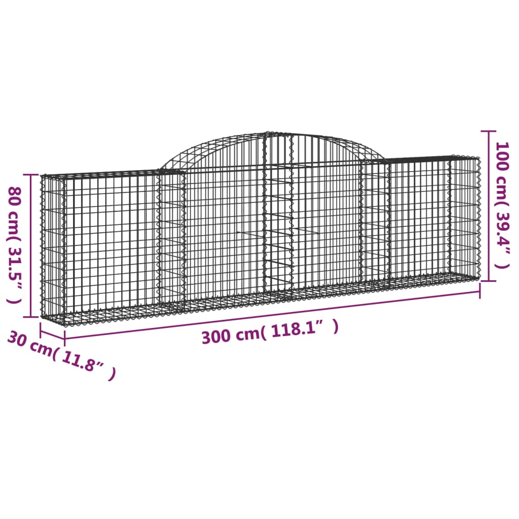 vidaXL Arched Gabion Baskets 17 pcs 300x30x80/100 cm Galvanised Iron