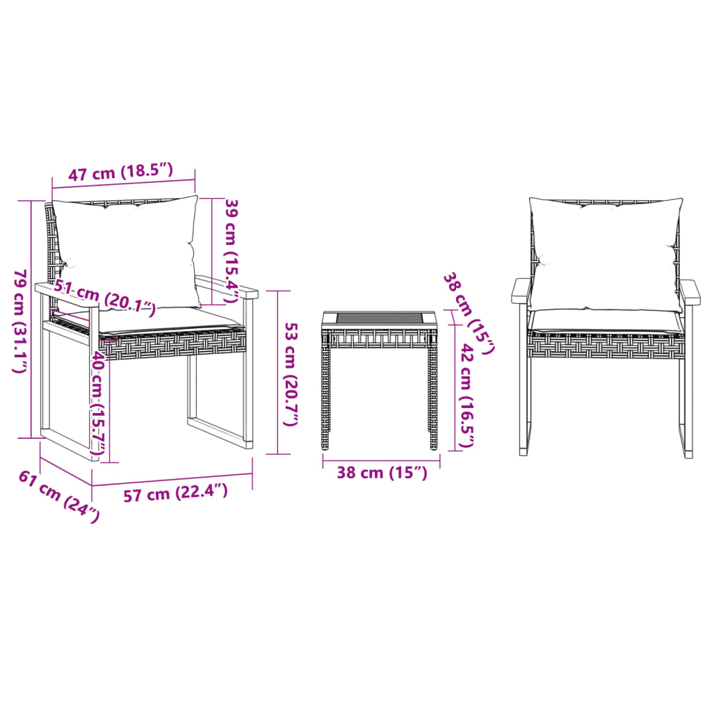 vidaXL 3 Piece Bistro Set with Cushions Mix Beige Poly Rattan Acacia Wood