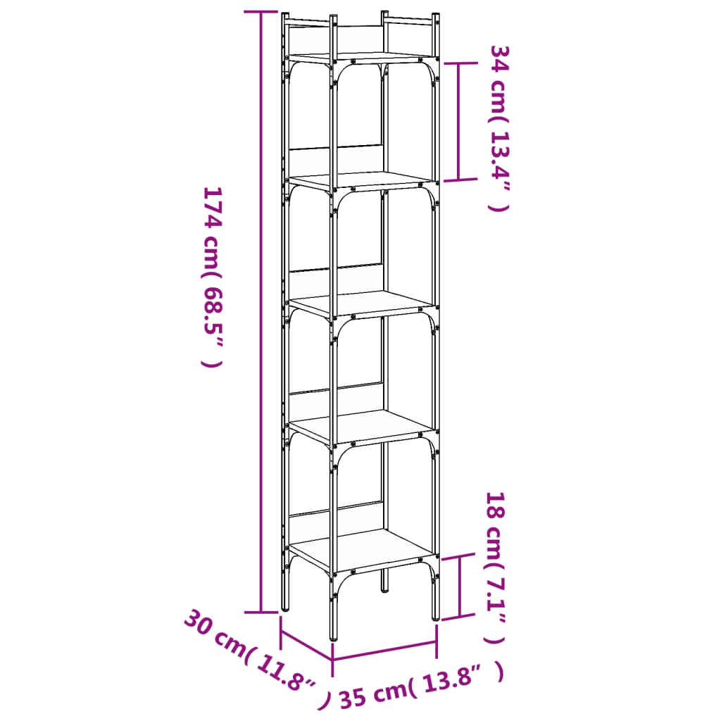 vidaXL Bookshelf 5-Tier Black 35x30x174 cm Engineered Wood