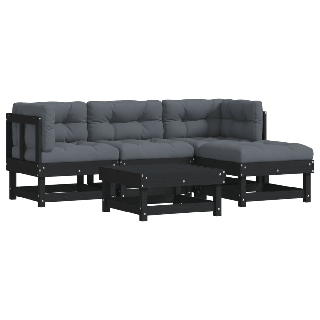 vidaXL 5 Piece Garden Lounge Set with Cushions Black Solid Wood