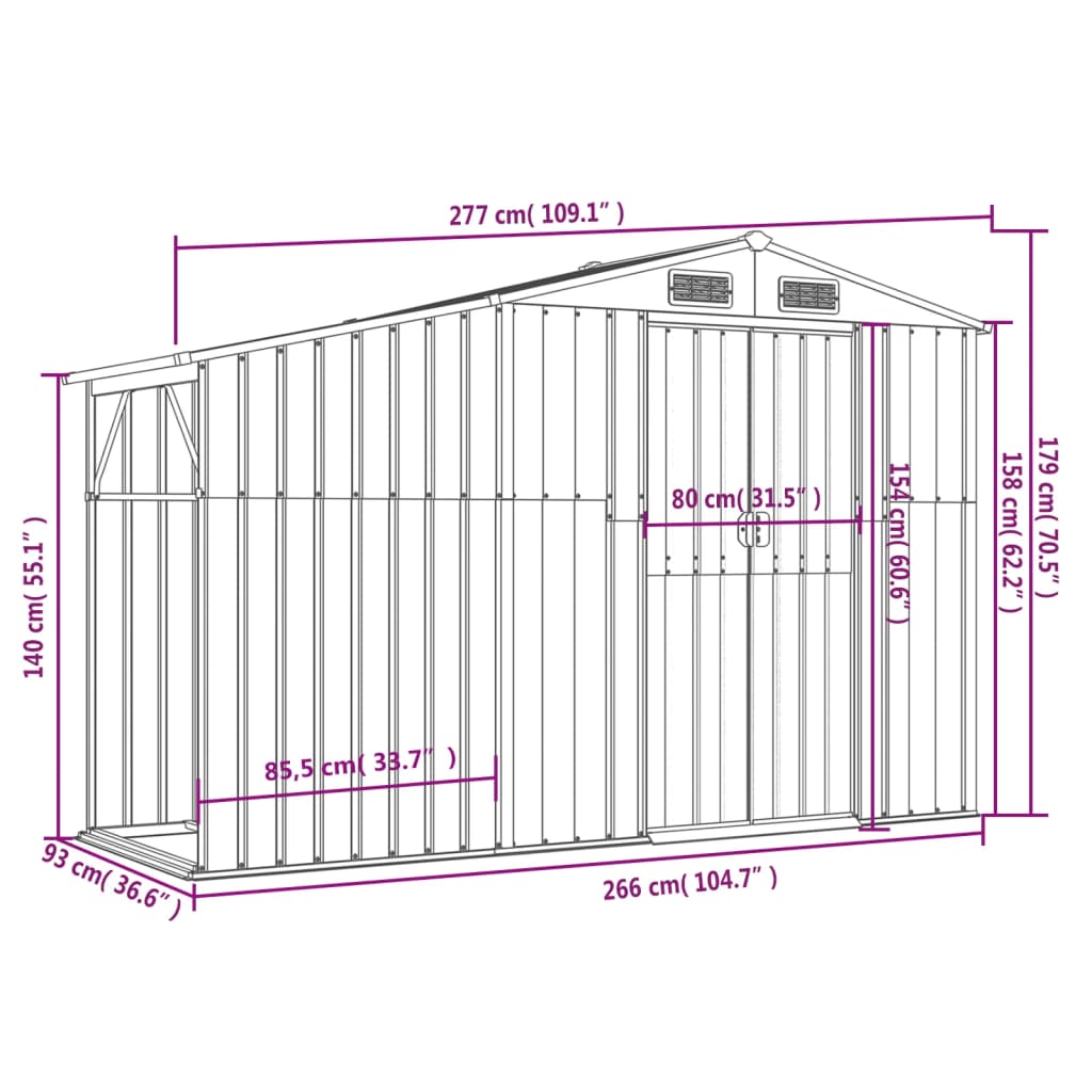 vidaXL Garden Shed Brown 277x93x179 cm Galvanised Steel