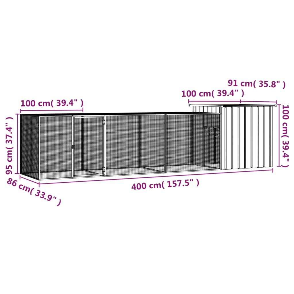 vidaXL Chicken Cage Grey 400x91x100 cm Galvanised Steel