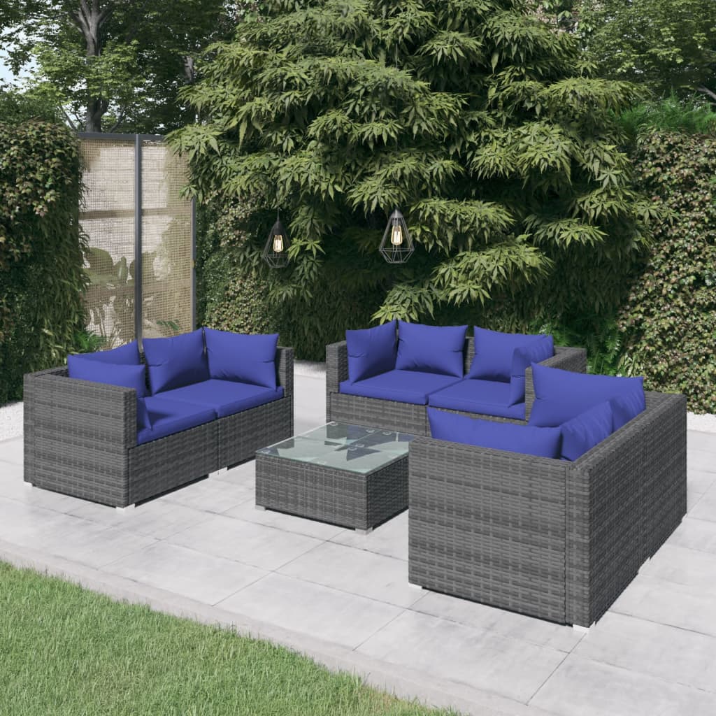 vidaXL 7 Piece Garden Lounge Set with Cushions Poly Rattan Grey