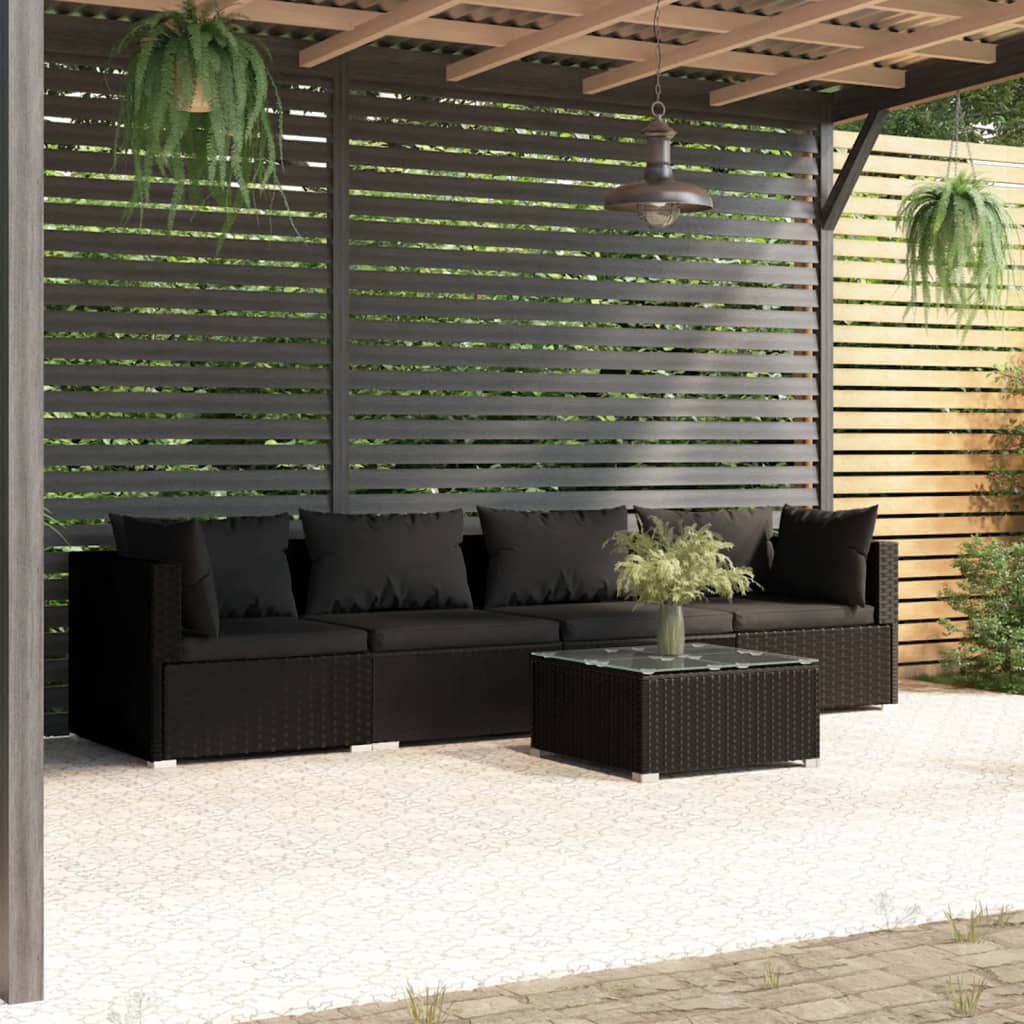 vidaXL 5 Piece Garden Lounge Set with Cushions Poly Rattan Black