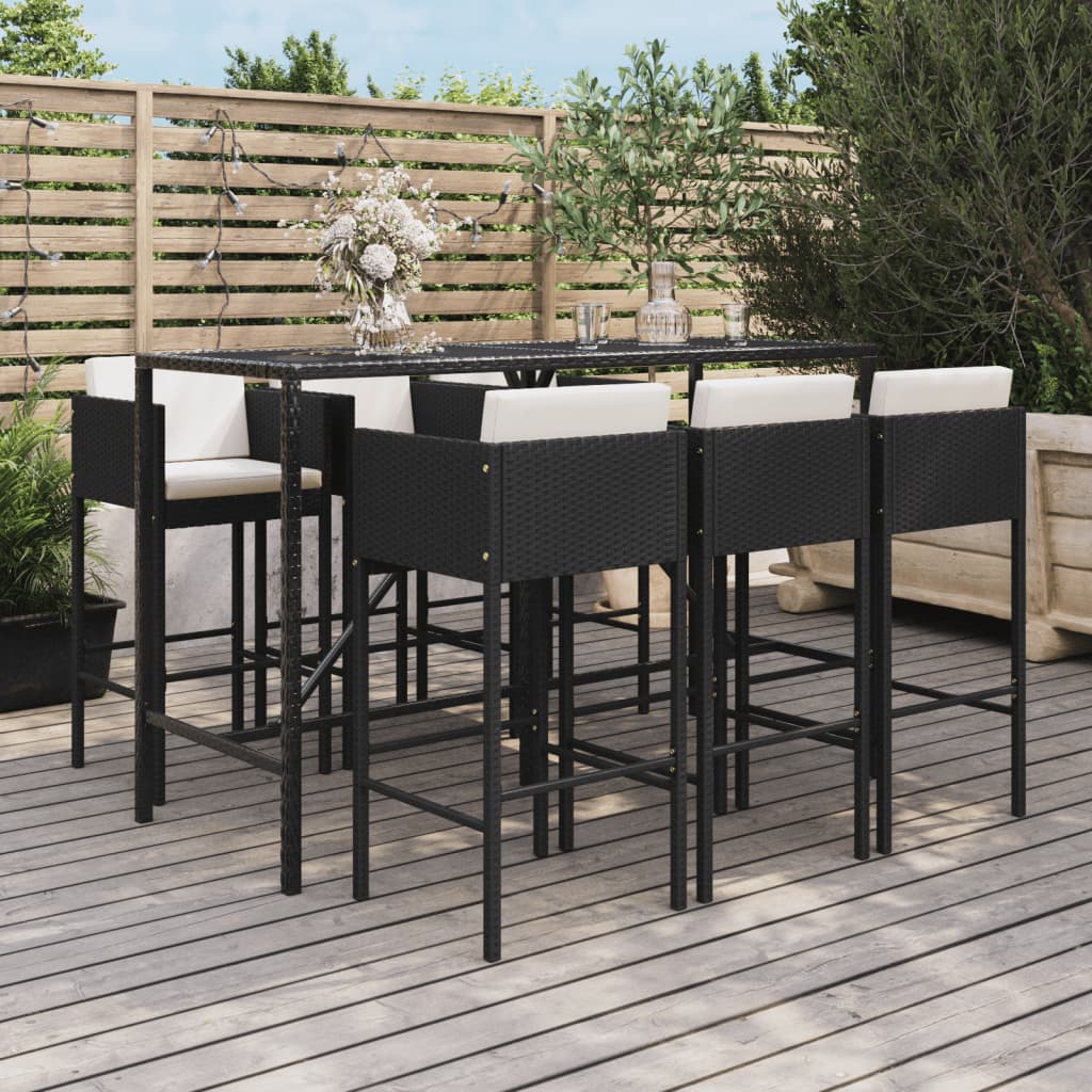 vidaXL 7 Piece Garden Bar Set with Cushions Black Poly Rattan