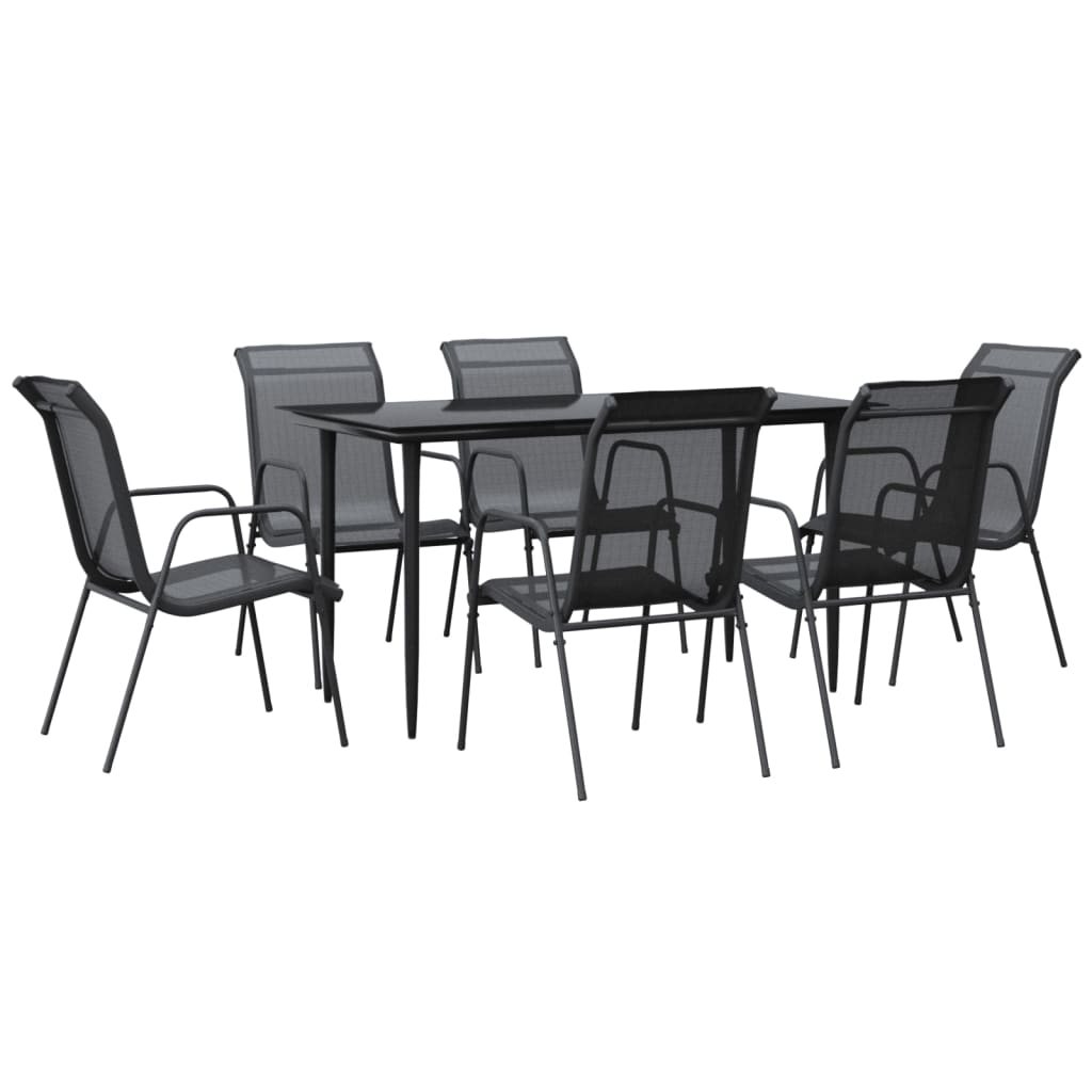 vidaXL 7 Piece Garden Dining Set Black Steel and Textilene