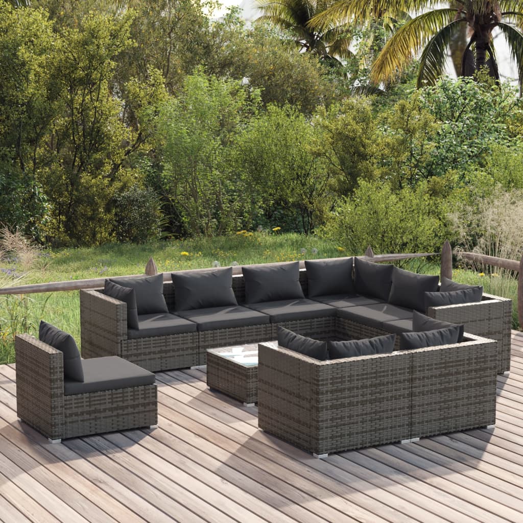 vidaXL 10 Piece Garden Lounge Set with Cushions Poly Rattan Grey