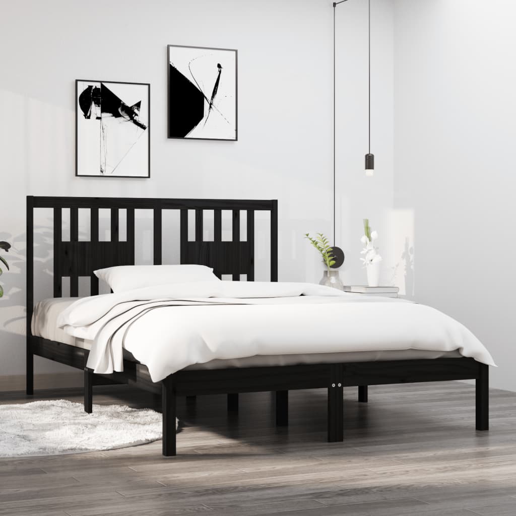 vidaXL Bed Frame without Mattress Black Solid Wood Double