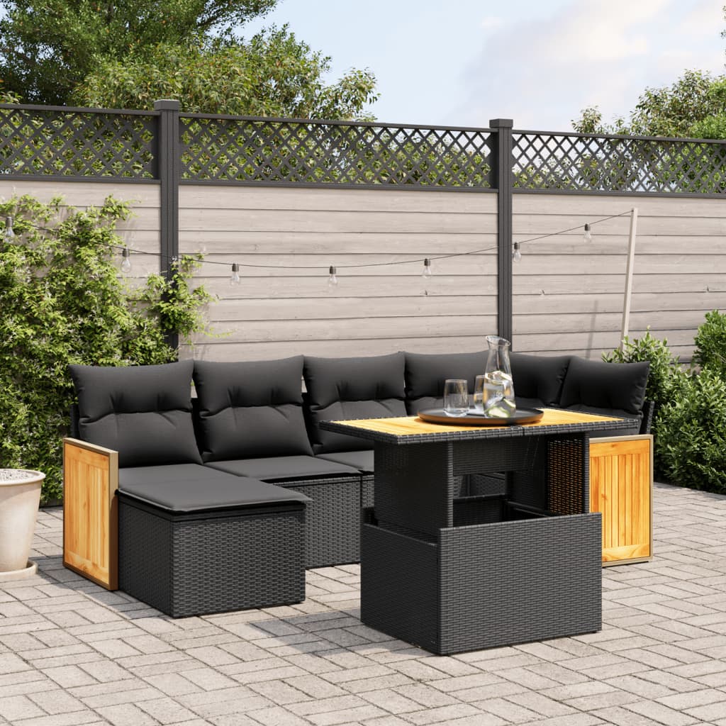 vidaXL 7 Piece Garden Sofa Set with Cushions Black Poly Rattan