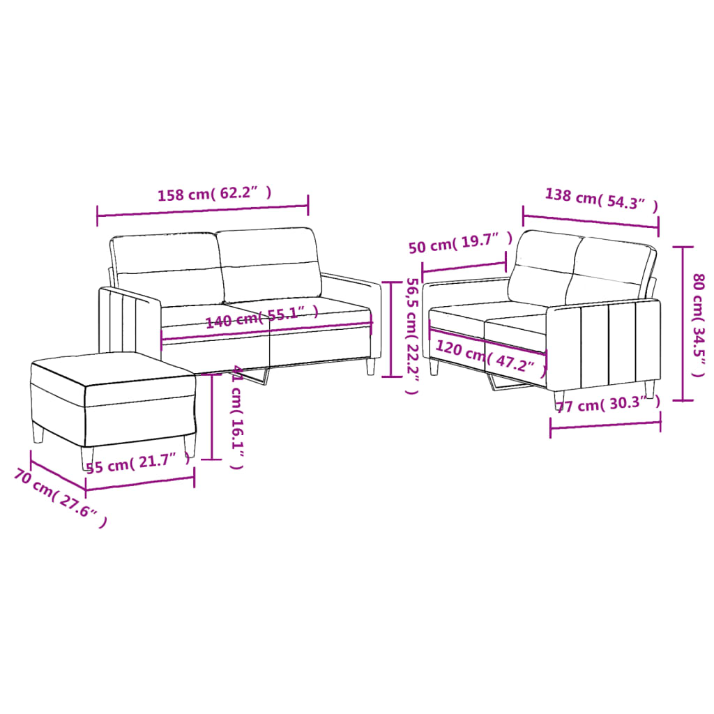 vidaXL 3 Piece Sofa Set with Cushions Light Grey Fabric