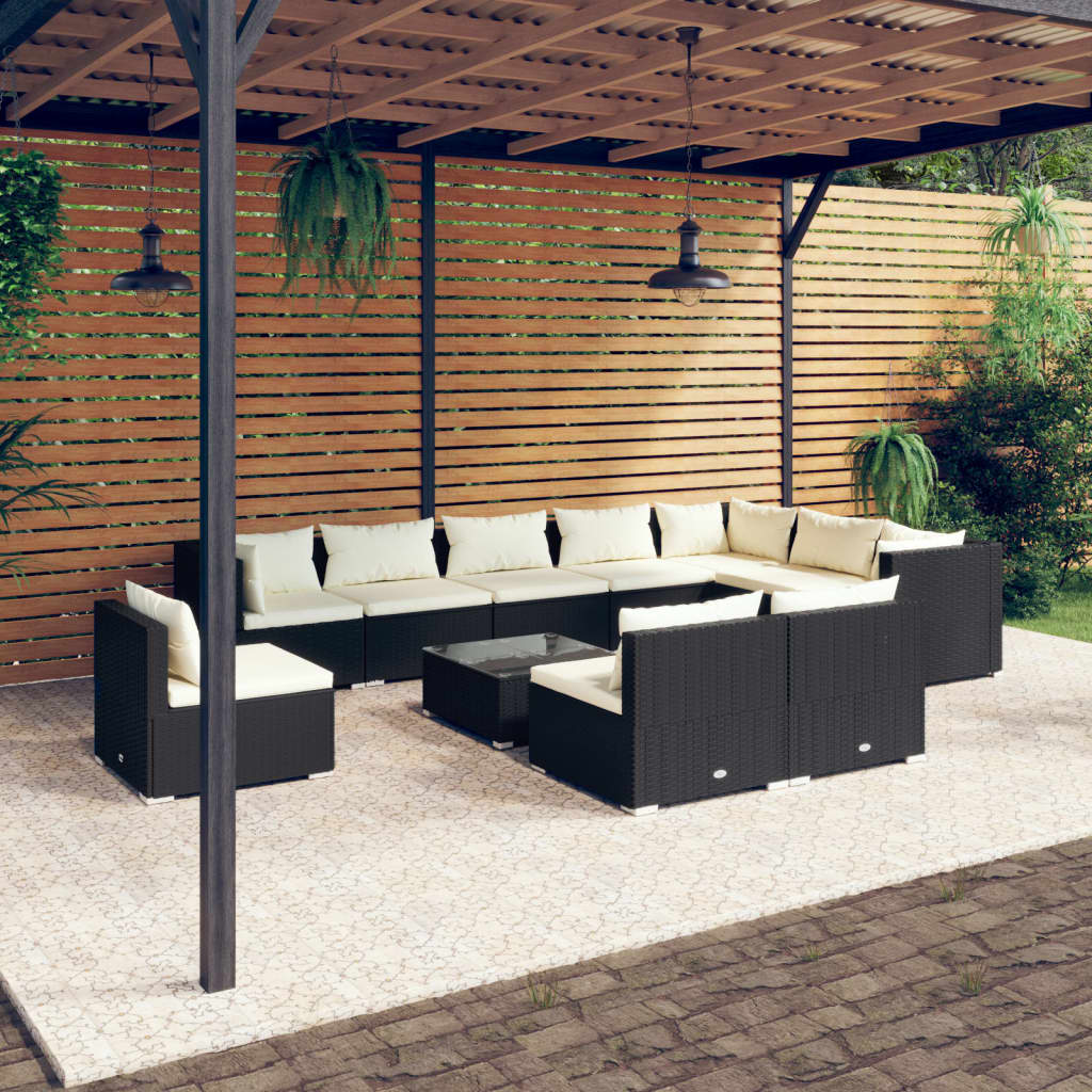 vidaXL 11 Piece Garden Lounge Set with Cushions Poly Rattan Black