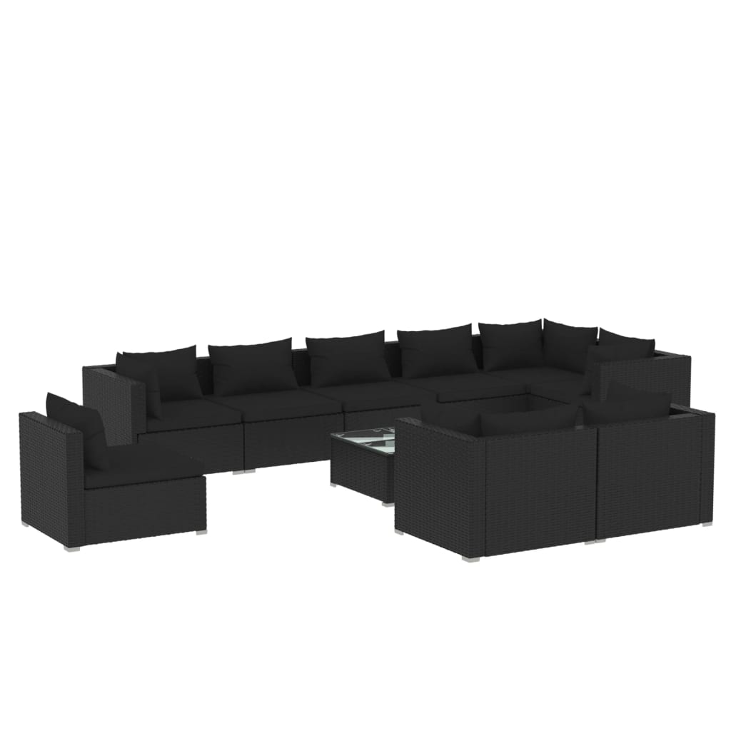 vidaXL 10 Piece Garden Lounge Set with Cushions Poly Rattan Black