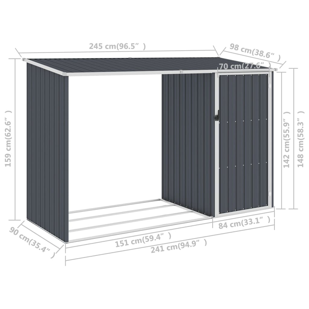 vidaXL Garden Firewood Shed Anthracite 245x98x159 cm Galvanised Steel