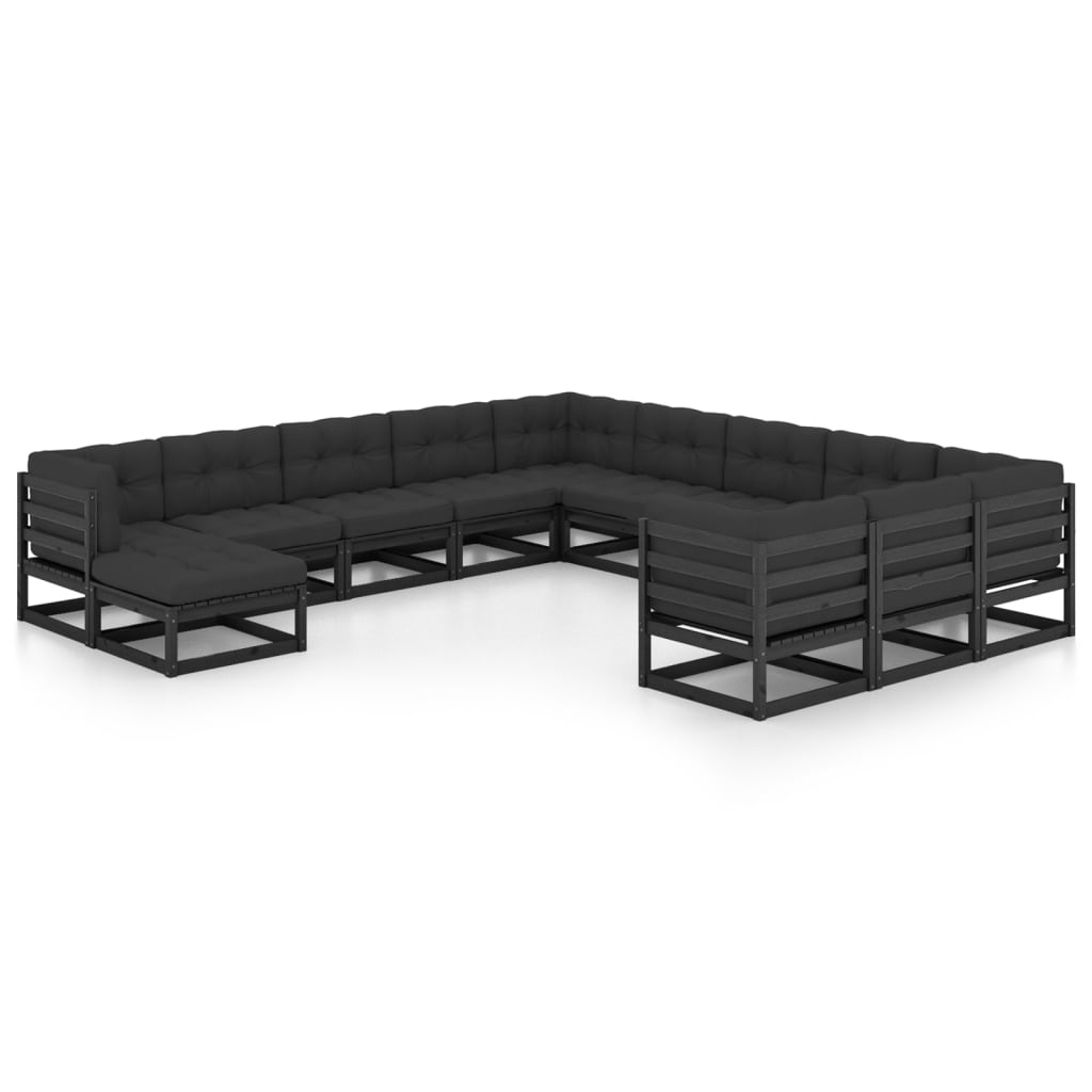 vidaXL 12 Piece Garden Lounge Set with Cushions Black Solid Pinewood