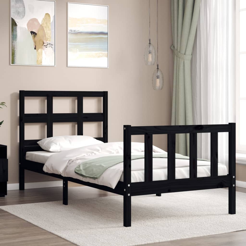 vidaXL Bed Frame with Headboard Black Single Solid Wood