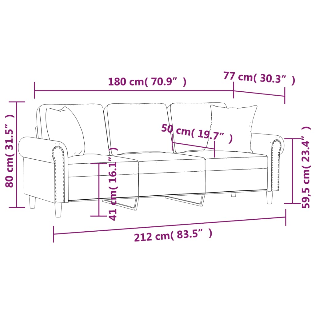 vidaXL 3-Seater Sofa with Throw Pillows Black 180 cm Velvet