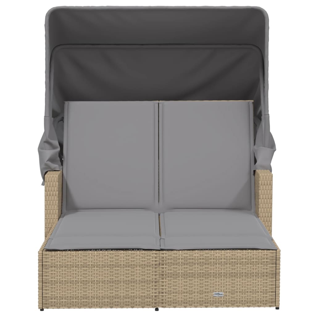 vidaXL Double Sun Lounger with Canopy and Cushions Mix Beige Poly Rattan