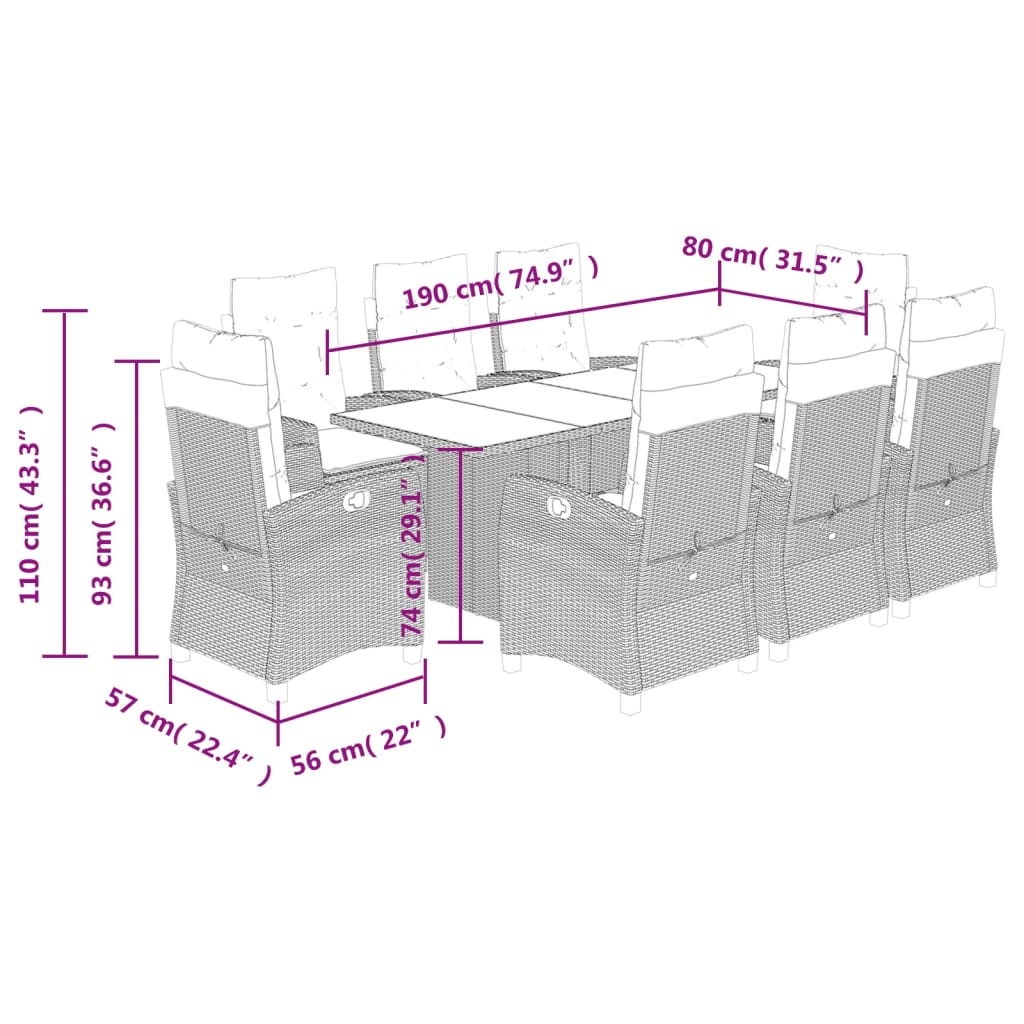 vidaXL 9 Piece Garden Dining Set with Cushions Grey Poly Rattan