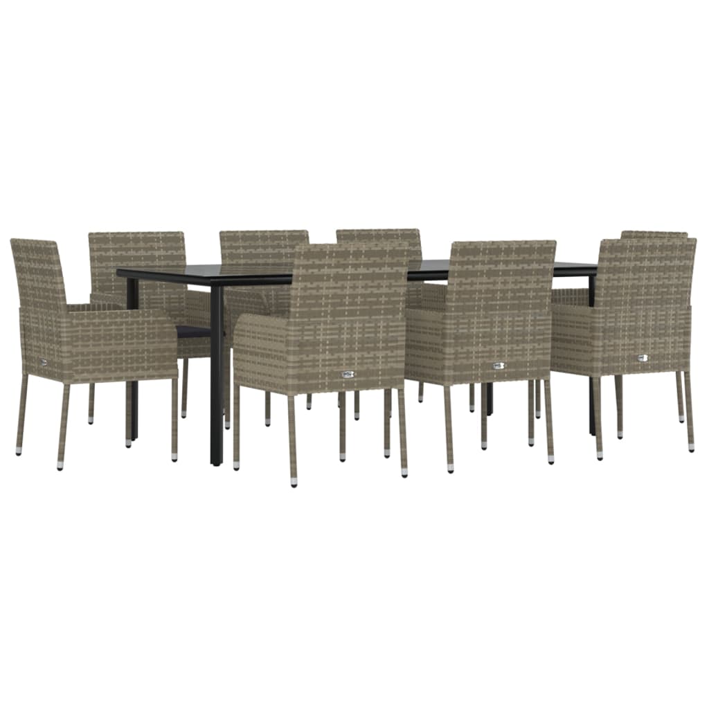 vidaXL 9 Piece Garden Dining Set with Cushions Black and Grey Poly Rattan