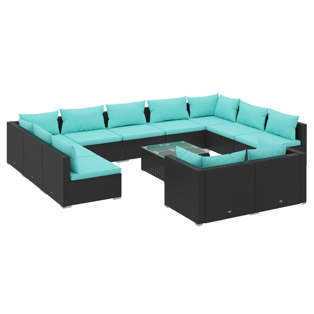 vidaXL 12 Piece Garden Lounge Set with Cushions Black Poly Rattan