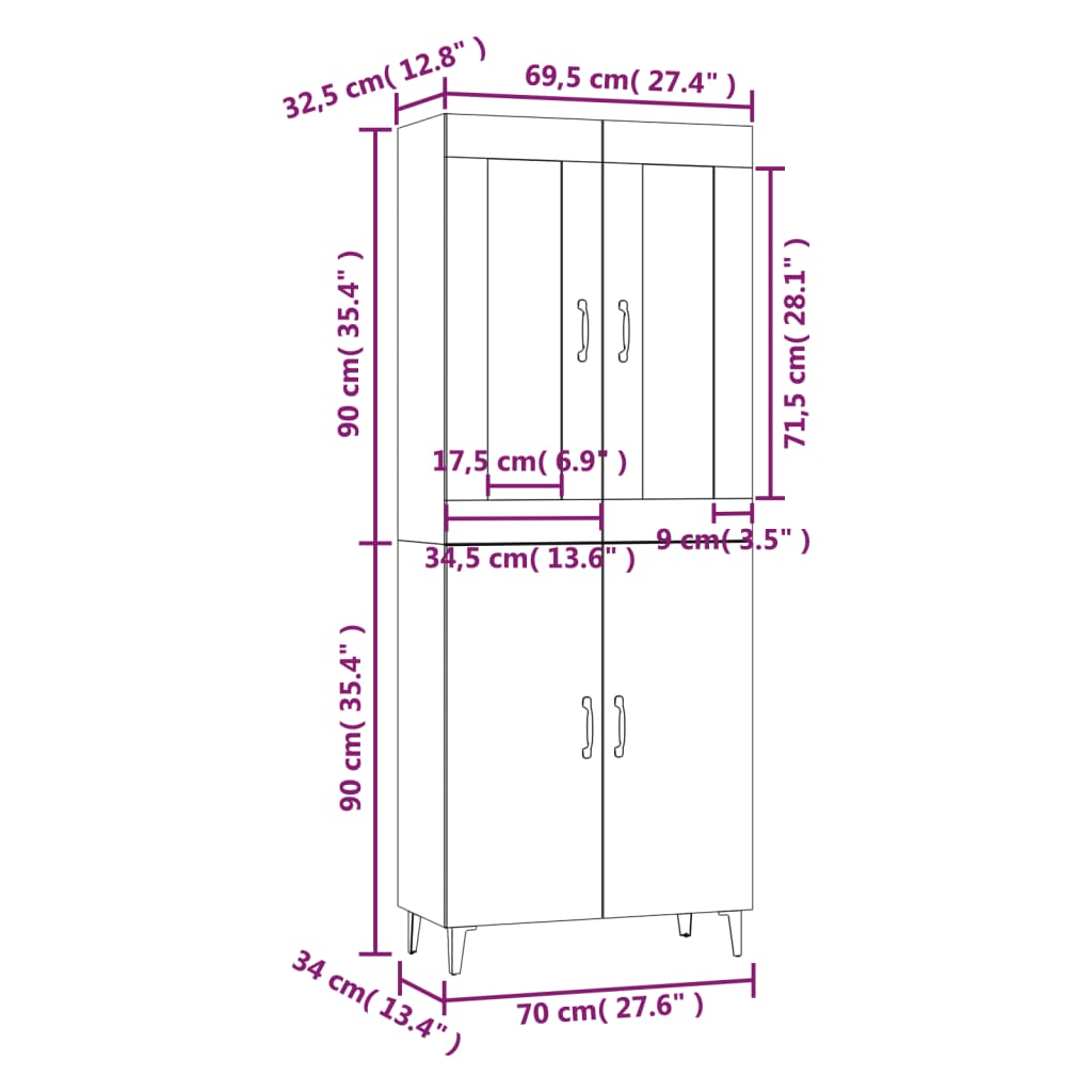 vidaXL Highboard High Gloss White 70x34x180 cm Engineered Wood