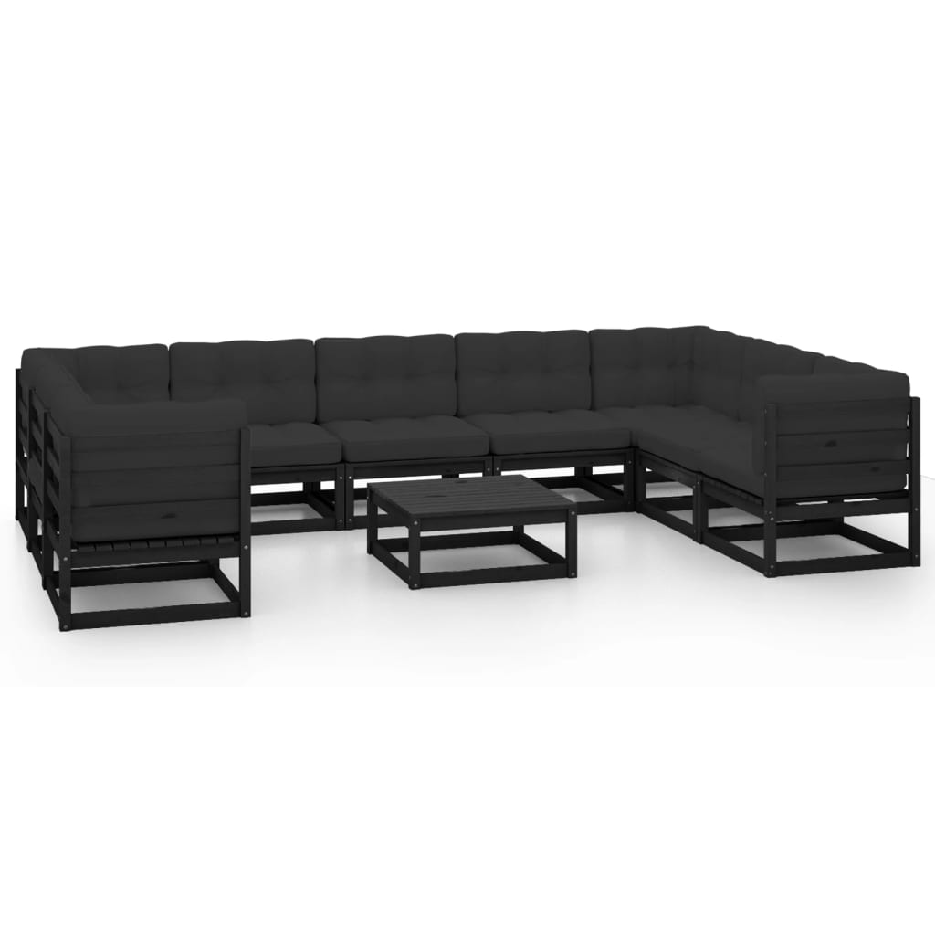 vidaXL 10 Piece Garden Lounge Set with Cushions Black Solid Pinewood