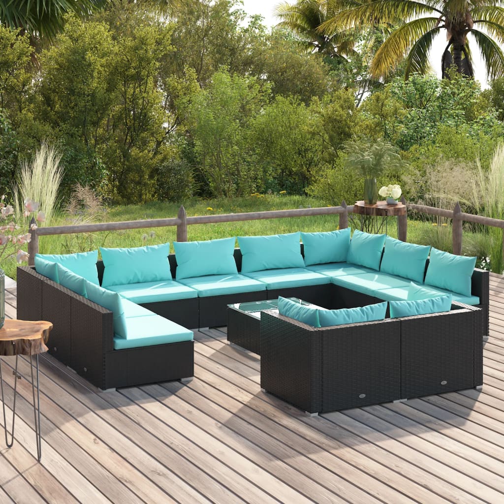 vidaXL 12 Piece Garden Lounge Set with Cushions Black Poly Rattan