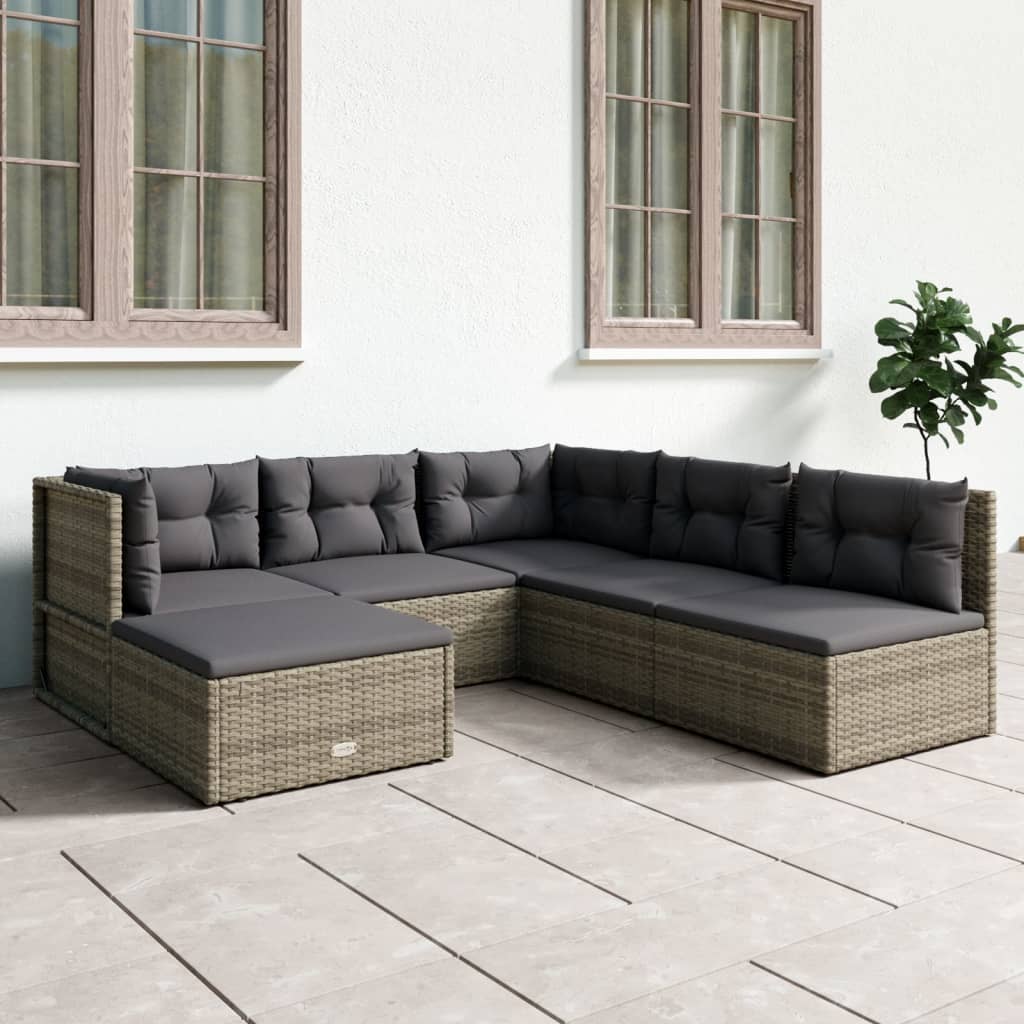 vidaXL 6 Piece Garden Lounge Set with Cushions Grey Poly Rattan