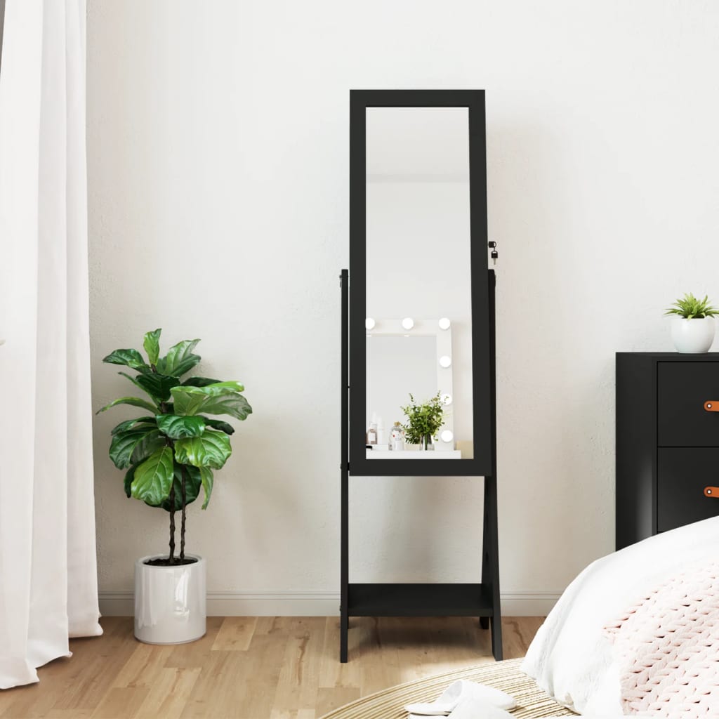 vidaXL Mirror Jewellery Cabinet with LED Lights Free Standing Black