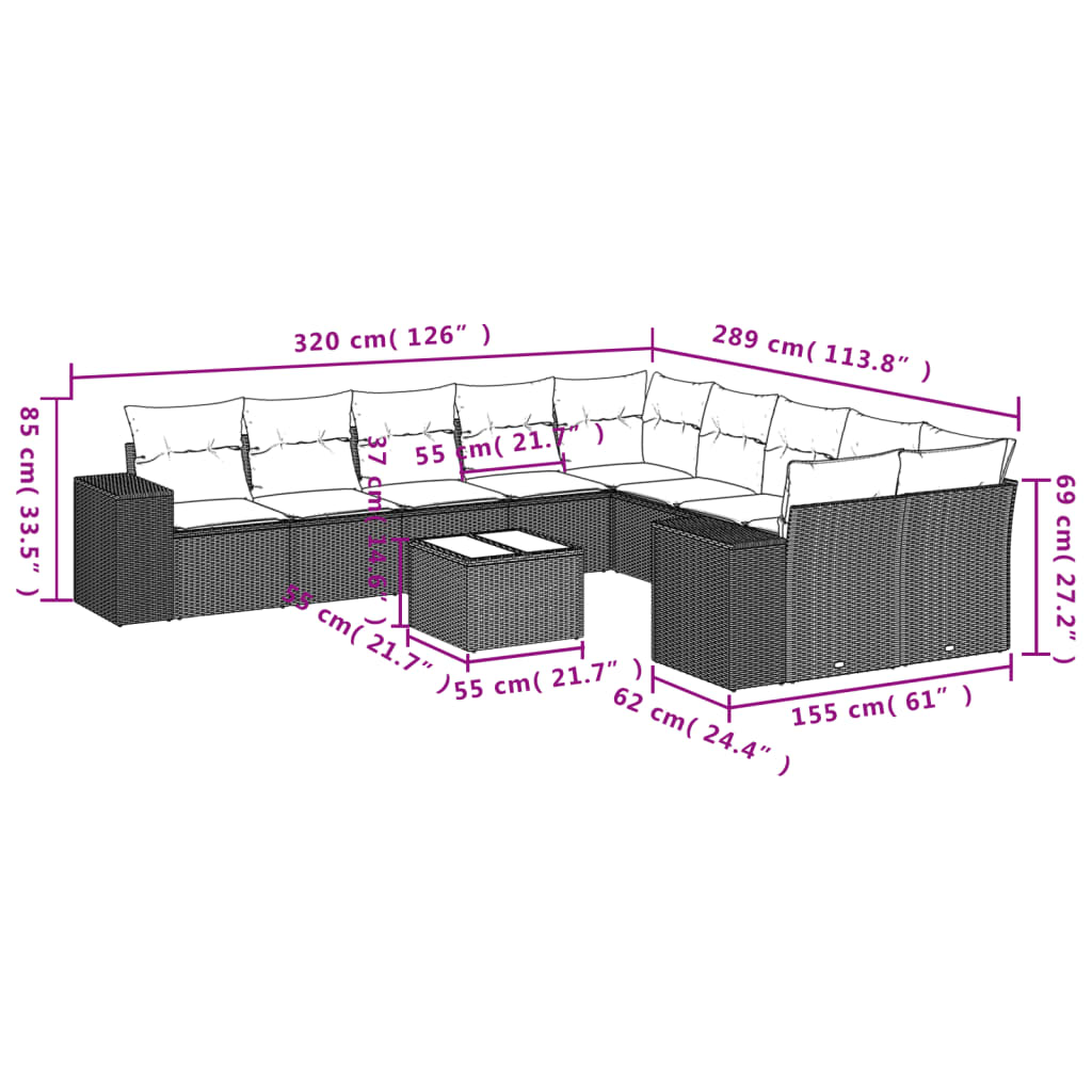 vidaXL 11 Piece Garden Sofa Set with Cushions Grey Poly Rattan