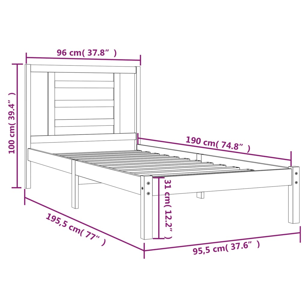 vidaXL Bed Frame without Mattress Black 90x190 cm Single Solid Wood Pine