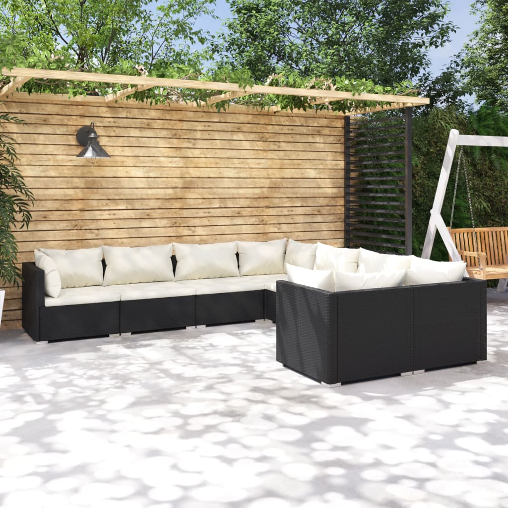 vidaXL 8 Piece Garden Lounge Set with Cushions Poly Rattan Black