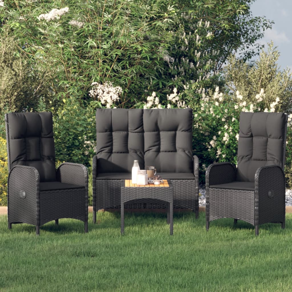 vidaXL 4 Piece Garden Dining Set with Cushions Black Poly Rattan