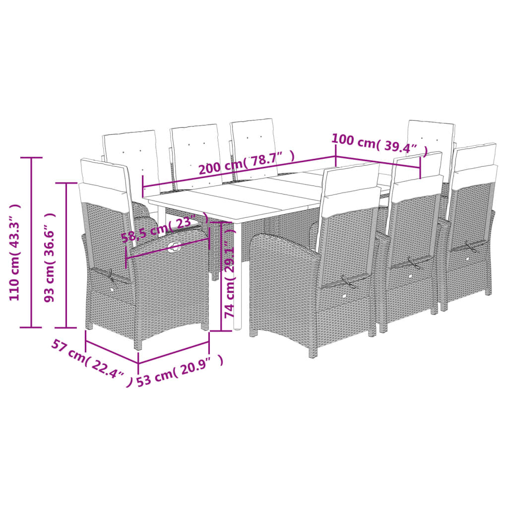 vidaXL 9 Piece Garden Dining Set with Cushions Grey Poly Rattan