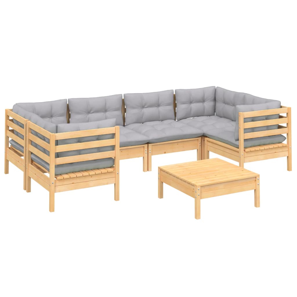 vidaXL 7 Piece Garden Lounge Set with Grey Cushions Pinewood