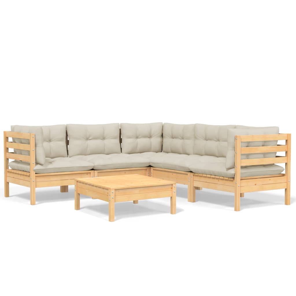 vidaXL 6 Piece Garden Lounge Set with Cream Cushions Solid Pinewood