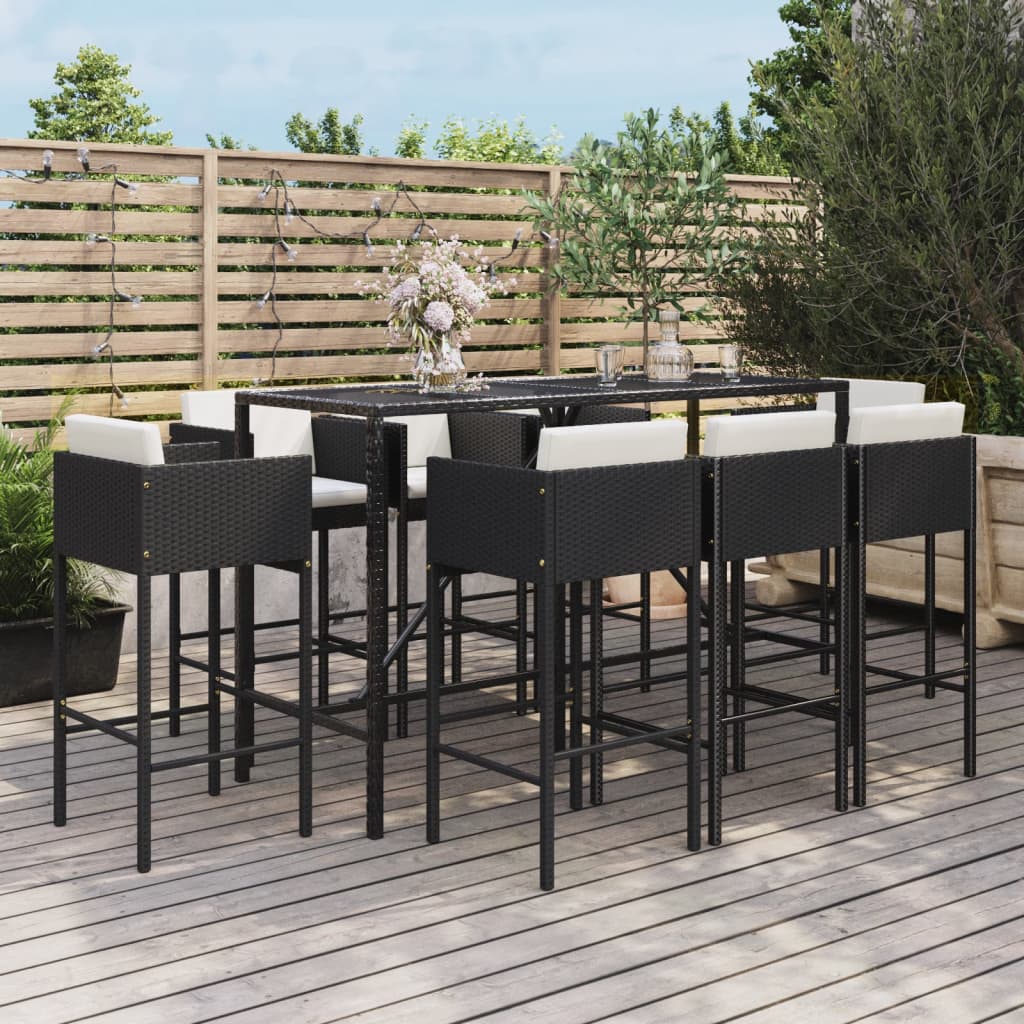 vidaXL 9 Piece Garden Bar Set with Cushions Black Poly Rattan