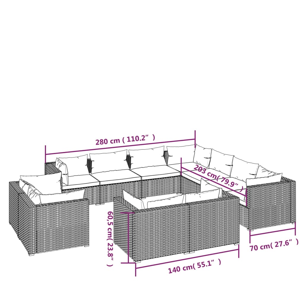 vidaXL 11 Piece Garden Lounge Set with Cushions Grey Poly Rattan